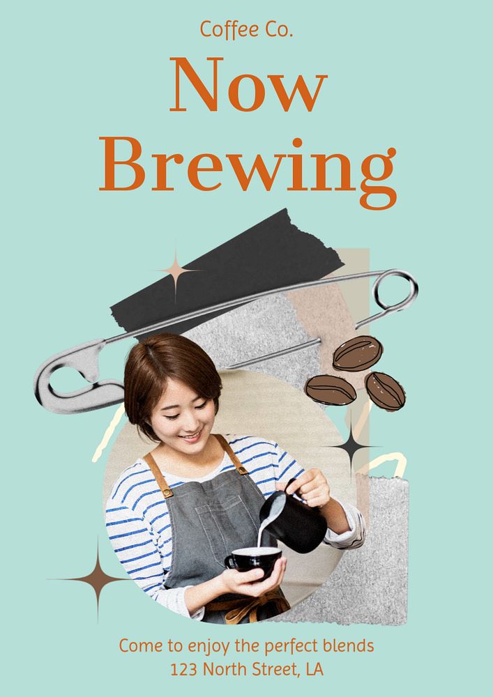 Now brewing, cafe poster template, editable text & design