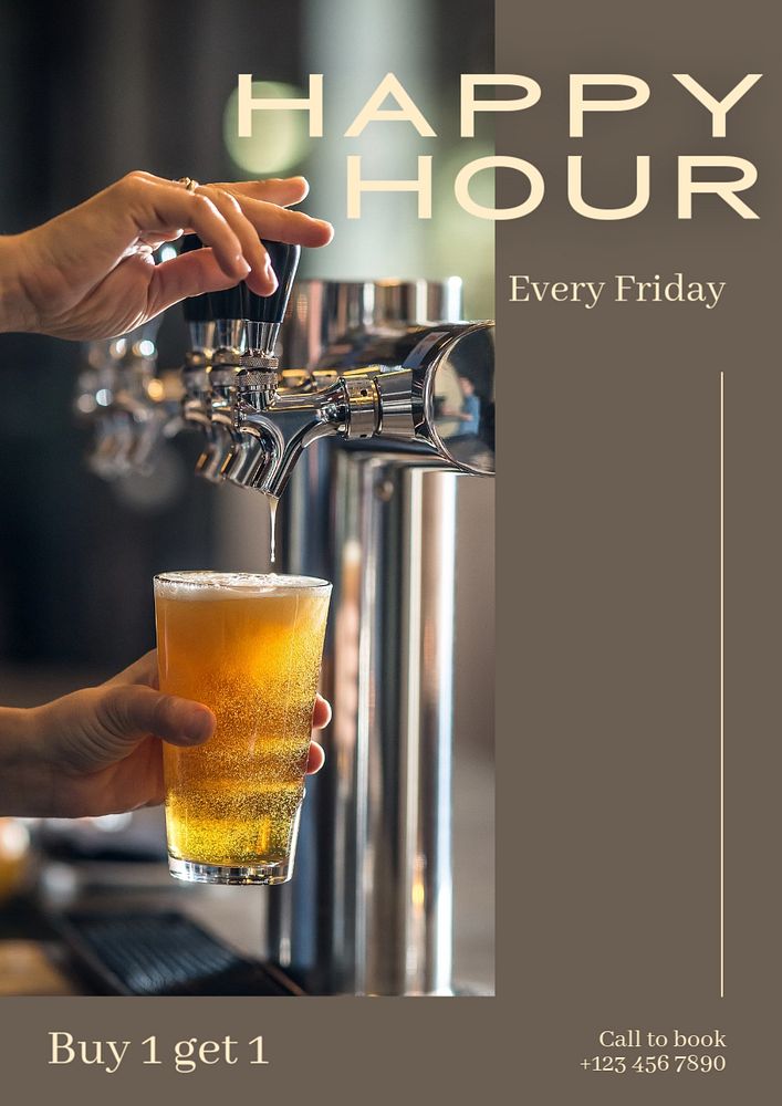 Beer happy hour poster template, editable text & design