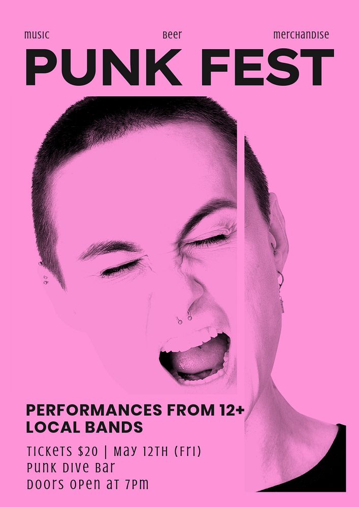 Punk music festival poster template, editable text and design