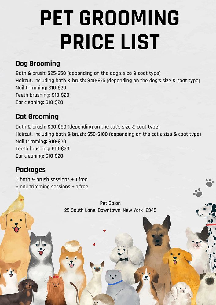 Pet grooming prices poster template, editable text & design