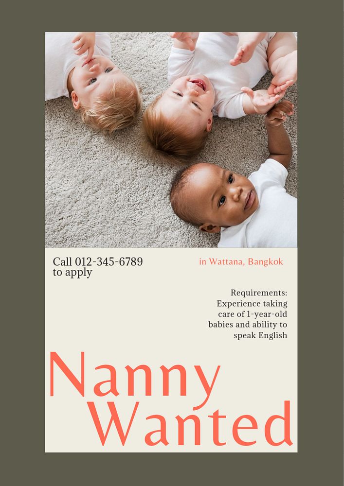 Nanny wanted poster template, editable text & design