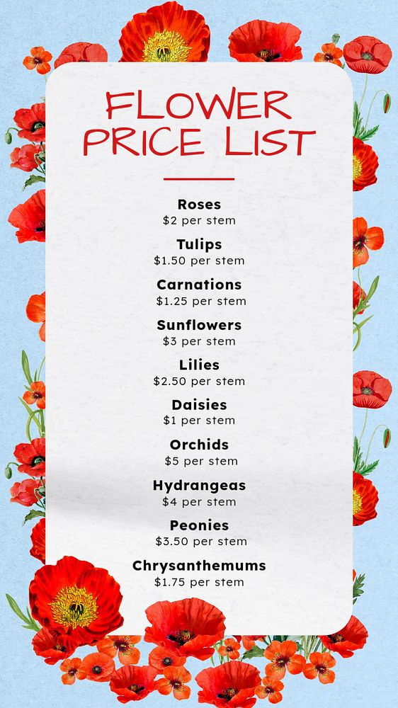 Flower price list Instagram story template, editable text