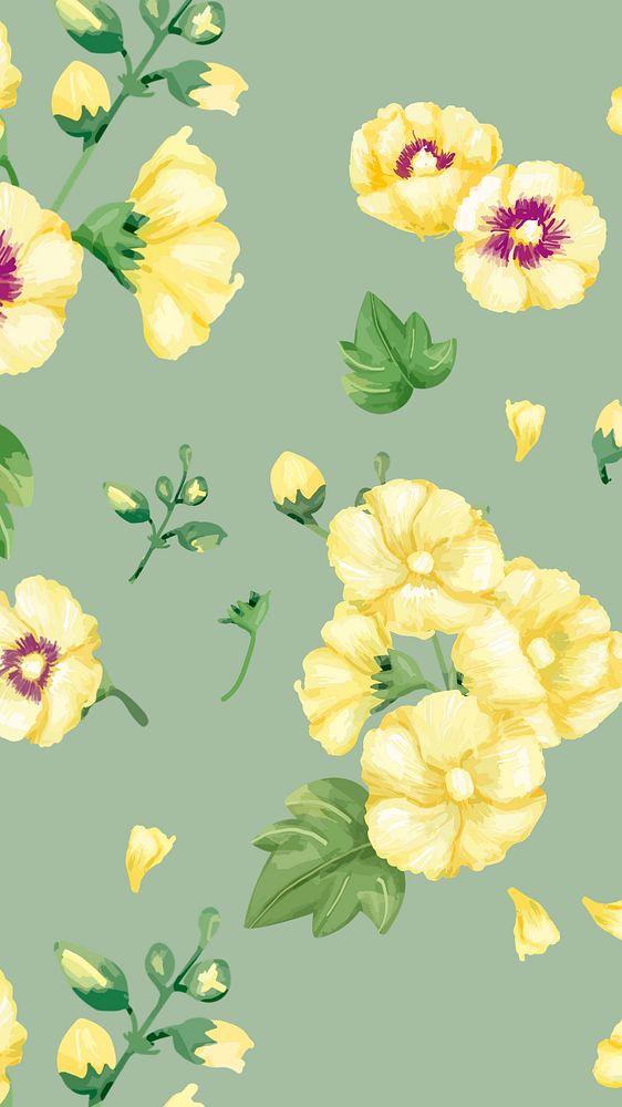 Editable floral mobile wallpaper, yellow hollyhocks pattern design