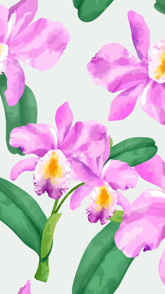 Cattleya orchid pattern mobile wallpaper, editable watercolor flower design