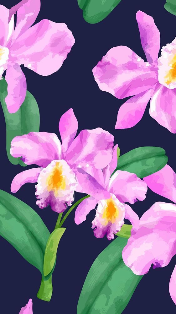 Cattleya orchid pattern mobile wallpaper, editable watercolor flower design