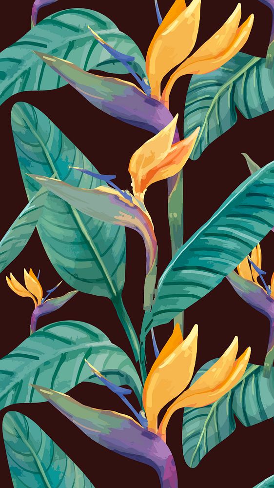 Tropical floral pattern mobile wallpaper, editable watercolor bird of paradise design