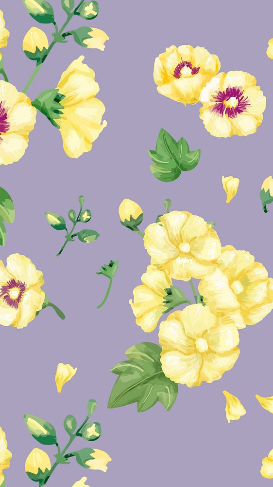 Yellow hollyhocks pattern mobile wallpaper, editable watercolor flower design