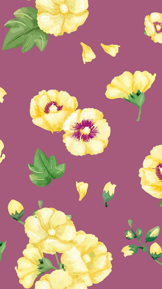 Yellow hollyhocks pattern mobile wallpaper, editable watercolor flower design