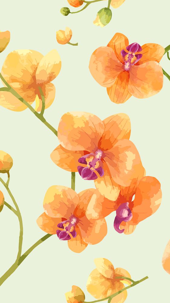 Orange orchid pattern mobile wallpaper, editable watercolor flower design