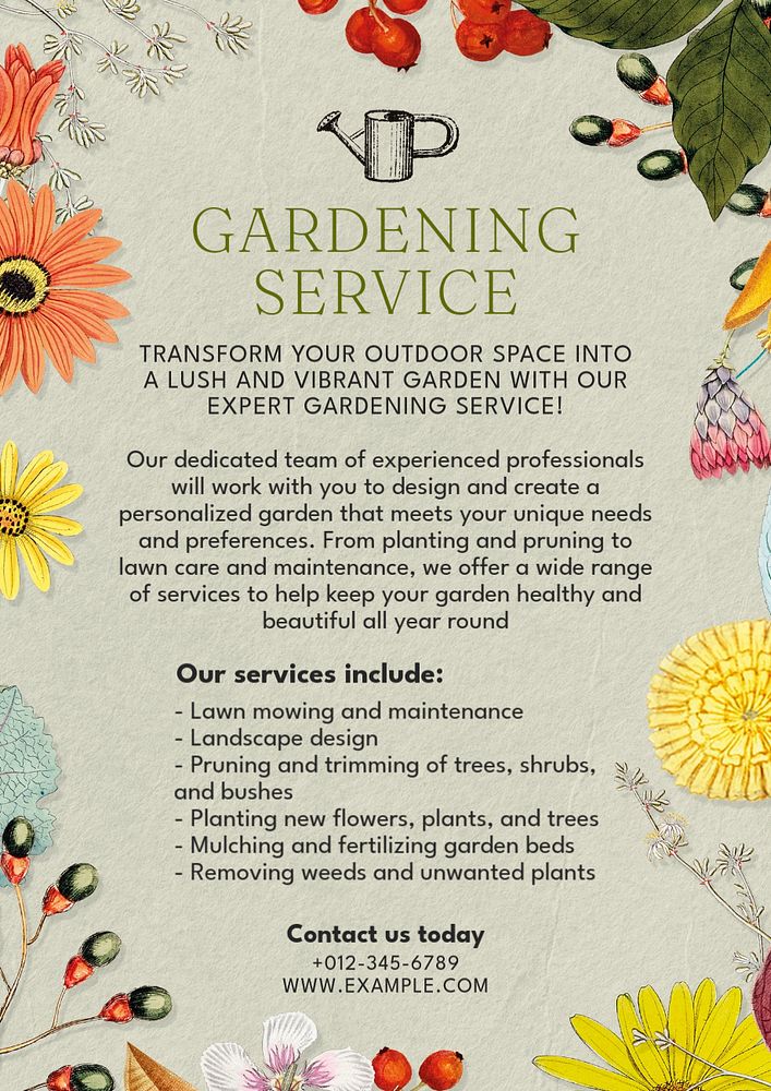 Gardening service poster template, editable text & design