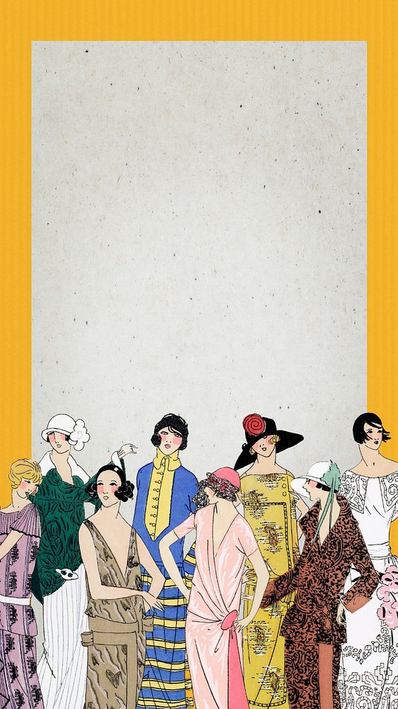 Vintage women’s fashion mobile wallpaper, editable 1920's outfits border design