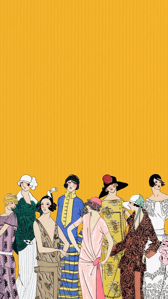 Vintage women’s fashion mobile wallpaper, editable 1920's outfits border design