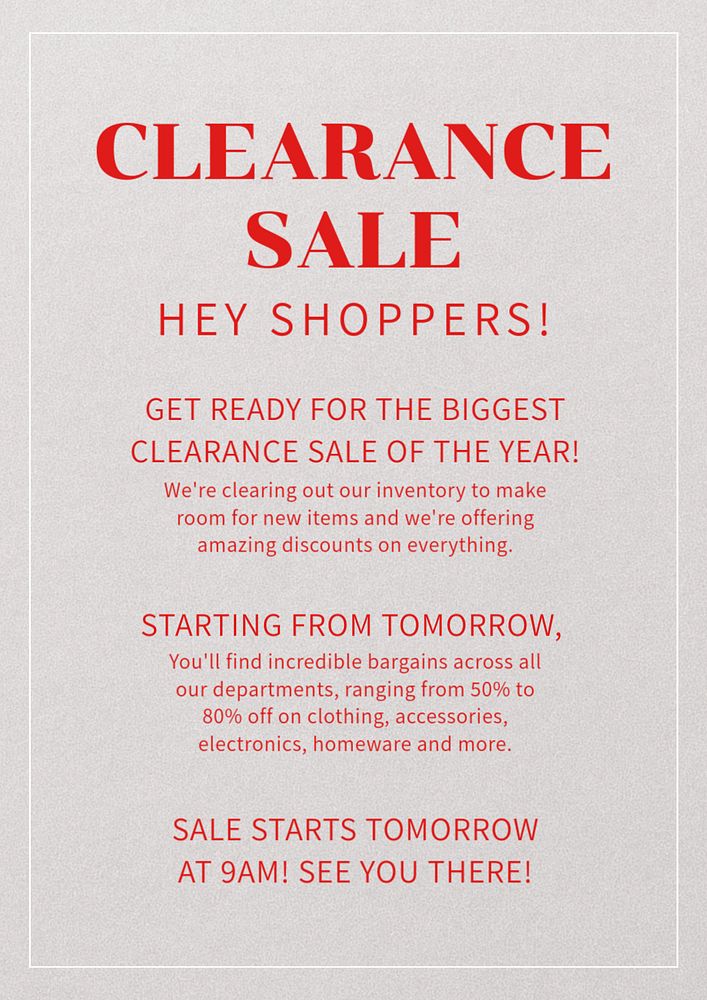 Clearance sale poster template, editable text and design