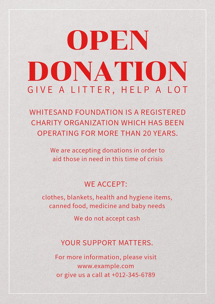 Open donation poster template, editable text and design