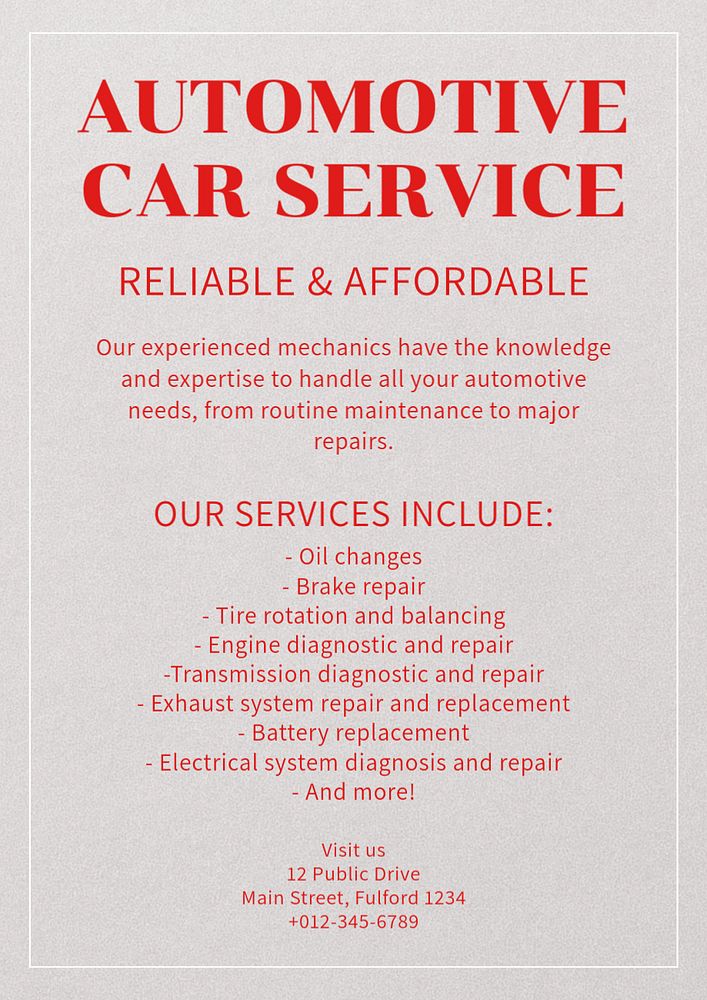 Automotive car service poster template, editable text and design