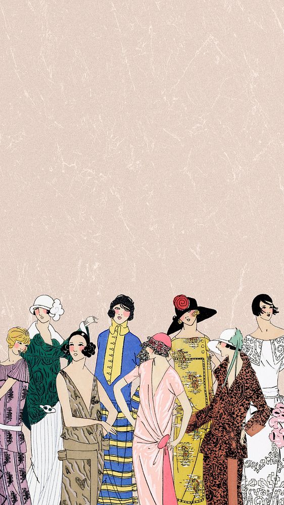 Vintage women’s fashion mobile wallpaper, editable 1920's outfits border design