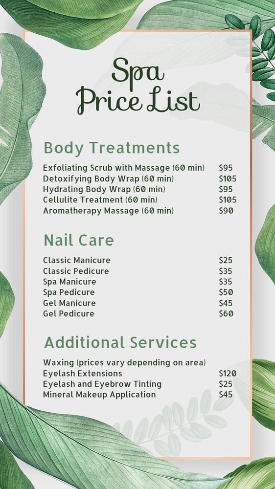 Spa price list Instagram story template, editable text