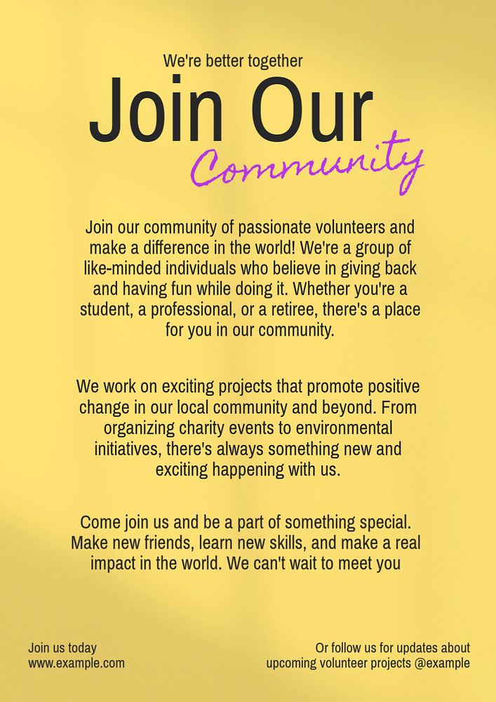 Join our community poster template, editable text and design