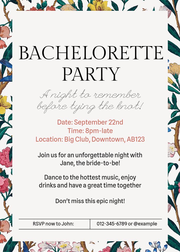 Bachelorette party invitation template, editable design