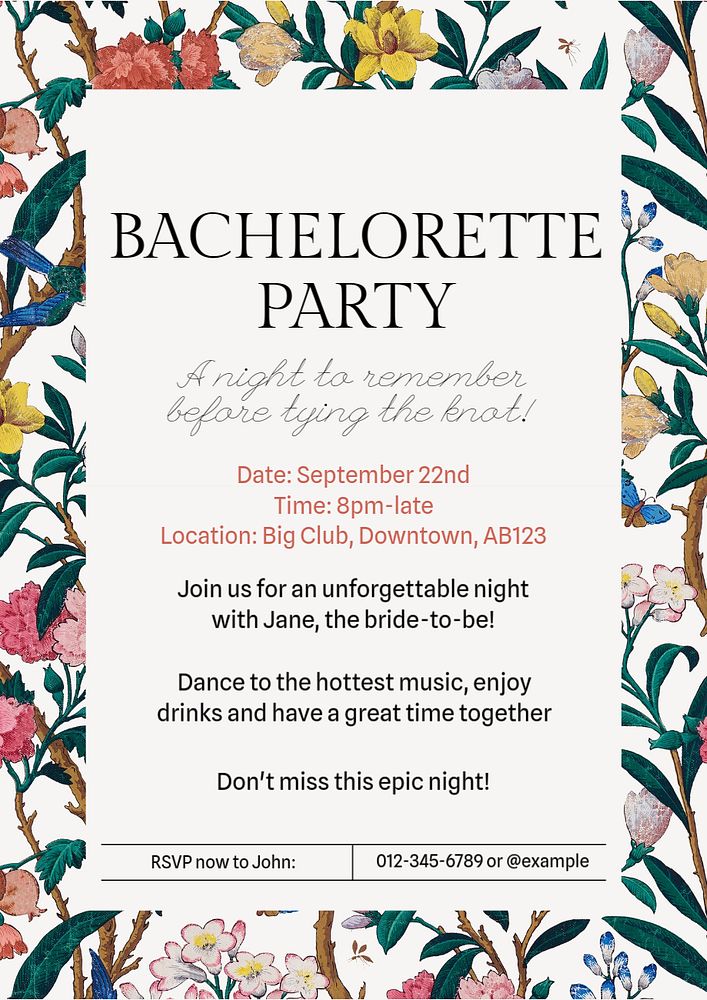 Bachelorette party poster template, editable text and design