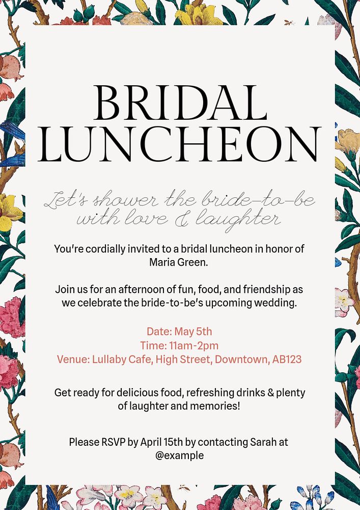 Bridal luncheon poster template, editable text and design