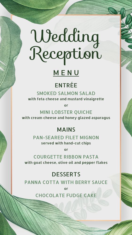 Wedding reception menu Instagram story template, editable text