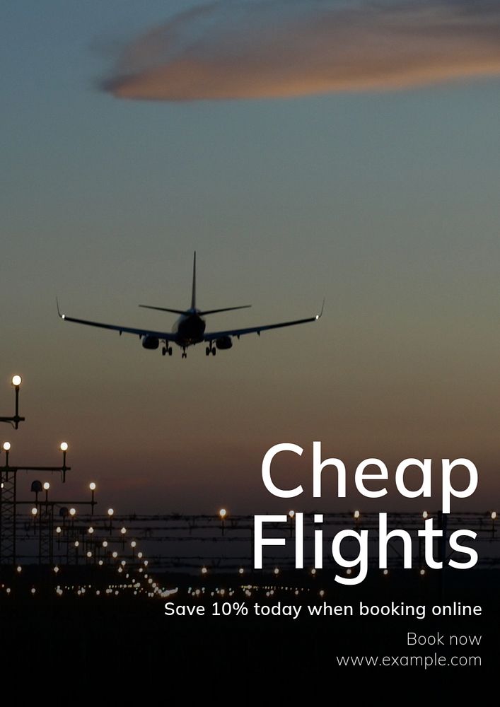 Cheap flights poster template, editable text and design