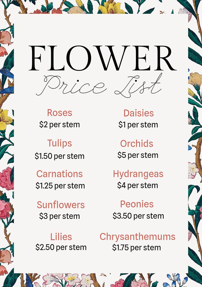 Flower price list poster template, editable text and design