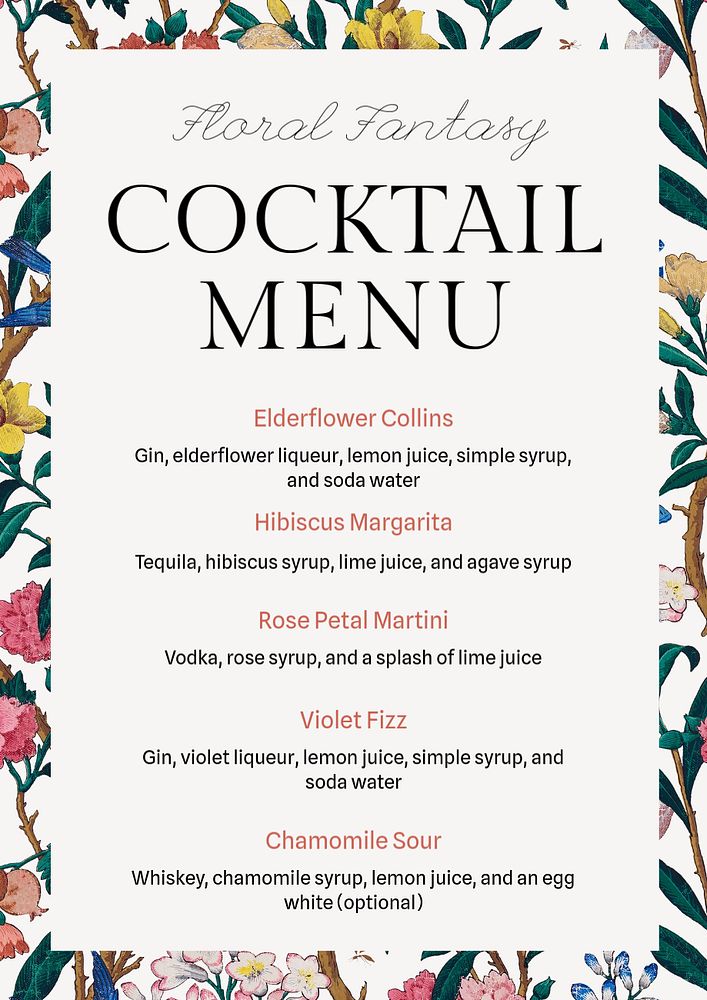 Cocktail menu poster template, editable text and design