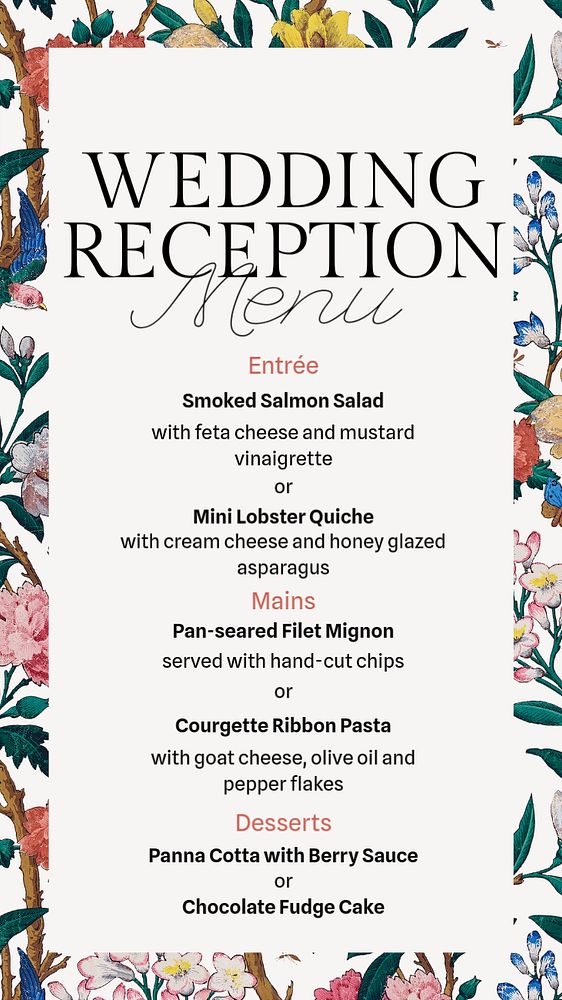 Wedding reception menu Instagram story template, editable text