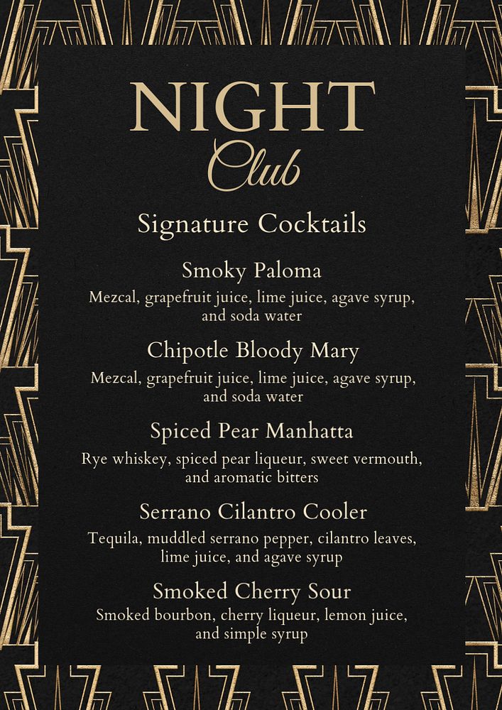 Cocktail menu poster template, editable text & design