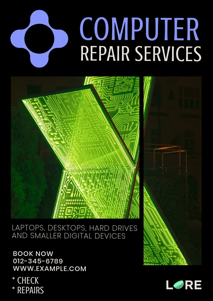 Computer repair poster template, editable text and design