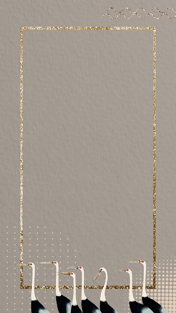 Japanese crane frame iPhone wallpaper, gold glittery editable design