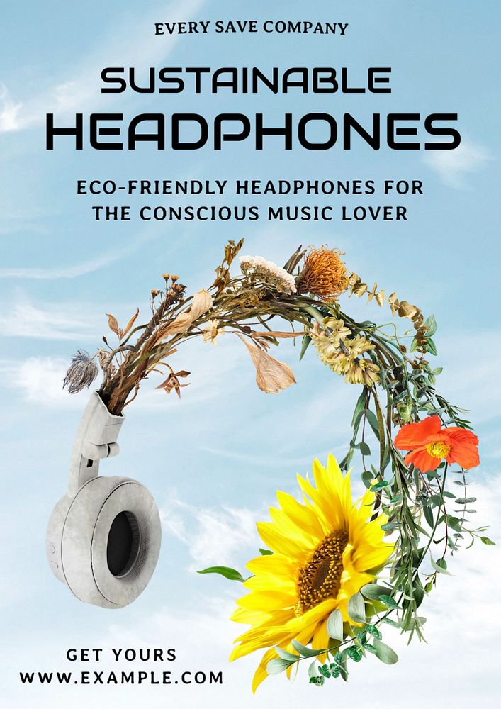 Sustainable headphones poster template, editable text & design