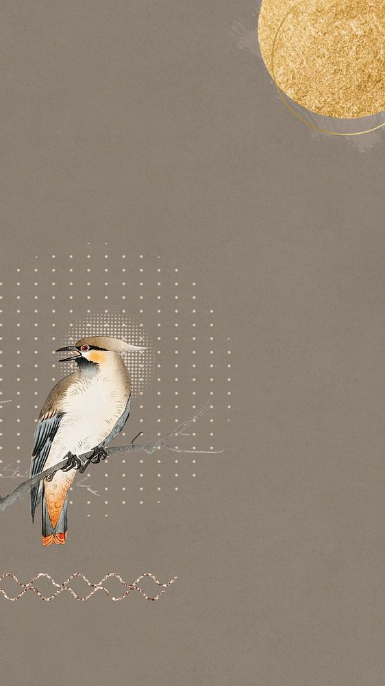 Aesthetic Japanese bird iPhone wallpaper, brown editable design