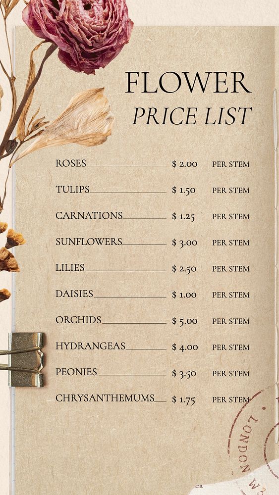 Flower price list Instagram story template, editable text