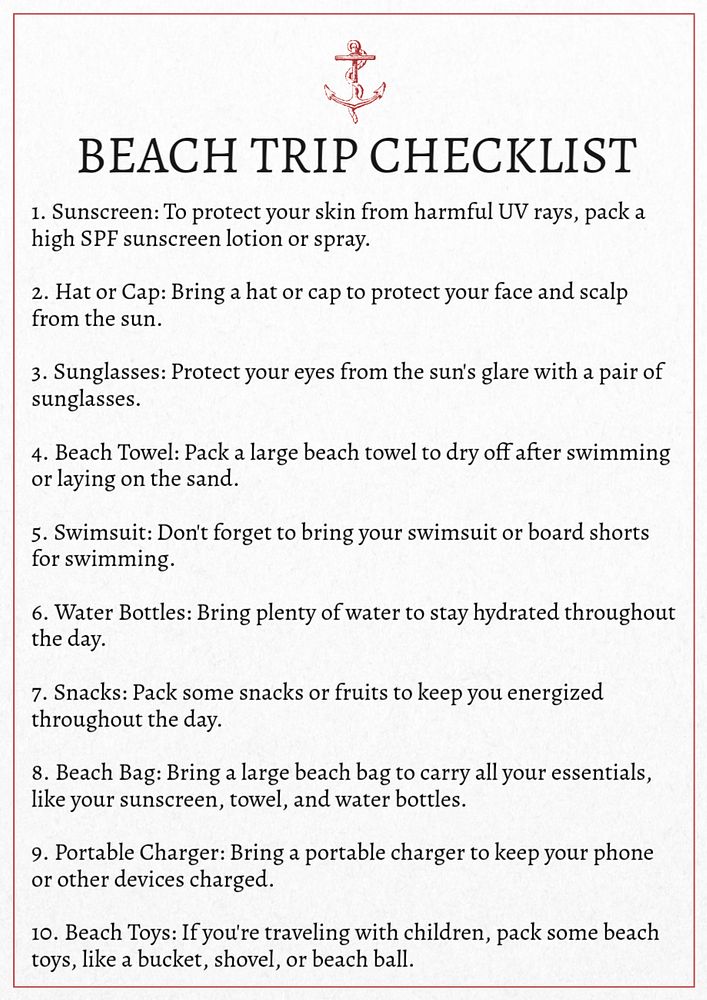 Beach trip checklist poster template, editable text & design