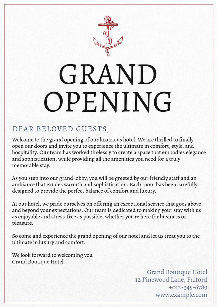 Grand opening poster template, editable text & design