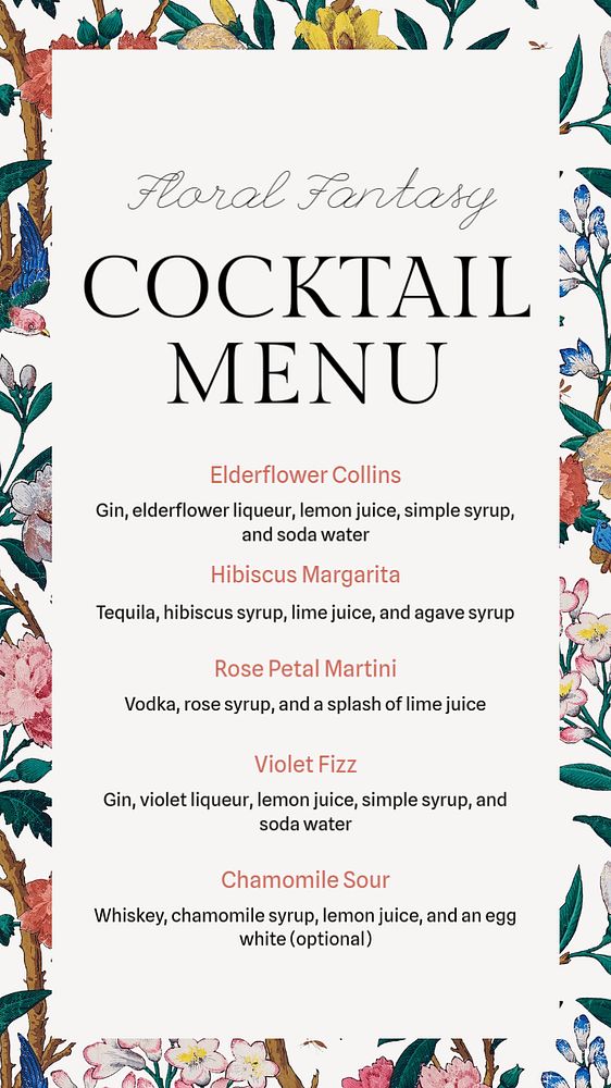 Cocktail menu Instagram story template, editable text