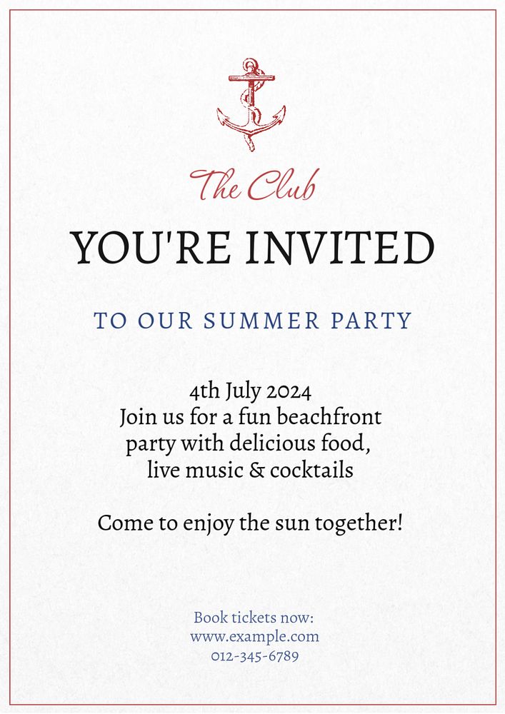 Summer party invitation poster template, editable text & design