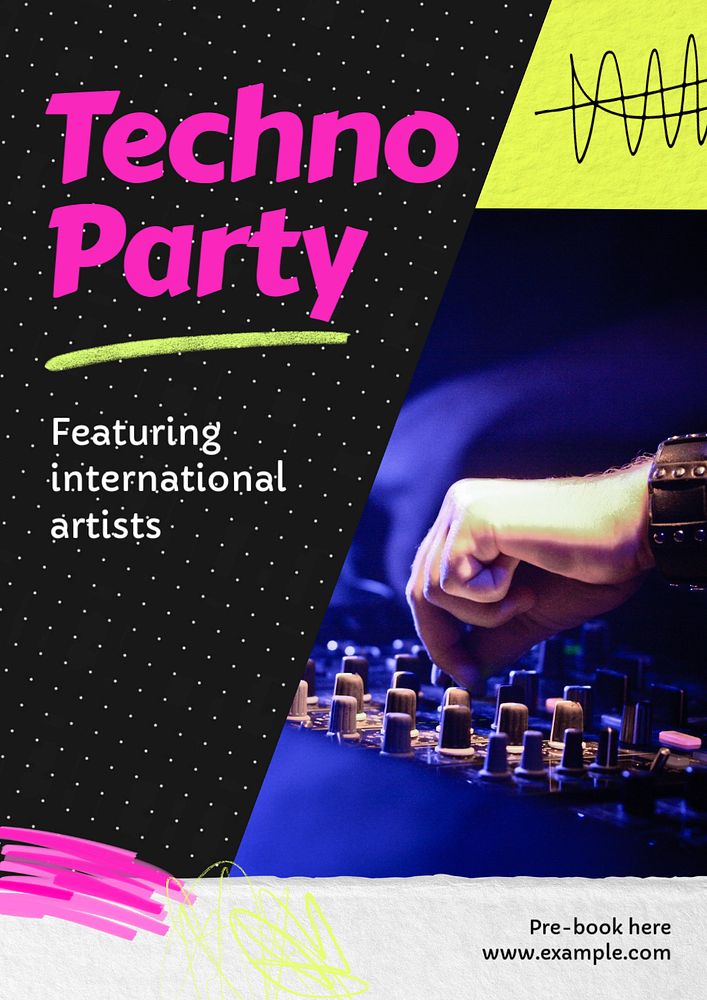 Techno party poster template, editable text and design