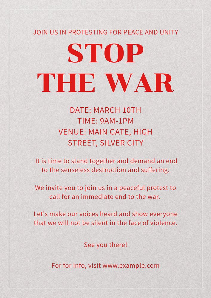 Stop war, protest poster template, editable text and design