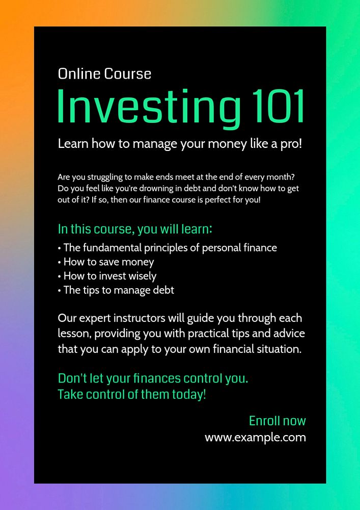 Investment course poster template, editable text and design