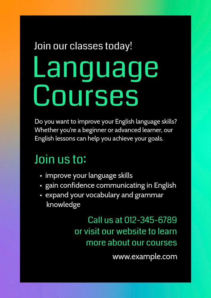 Language courses poster template, editable text and design