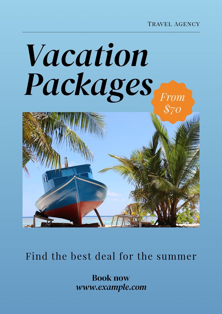 Vacation packages poster template, editable text and design