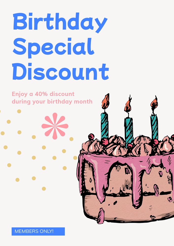 Members' birthday discount poster template, editable text and design