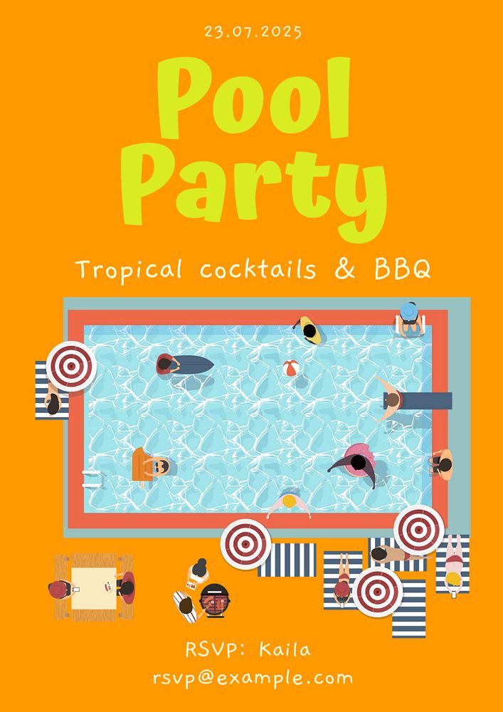 Pool party poster template, editable text and design