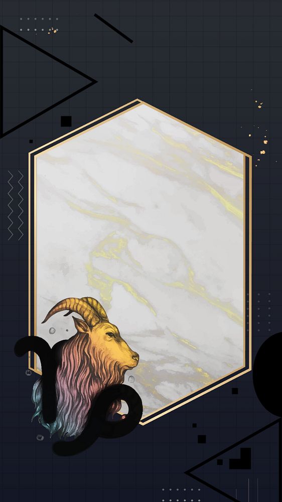 Capricorn goat zodiac iPhone wallpaper, editable  marble hexagon frame