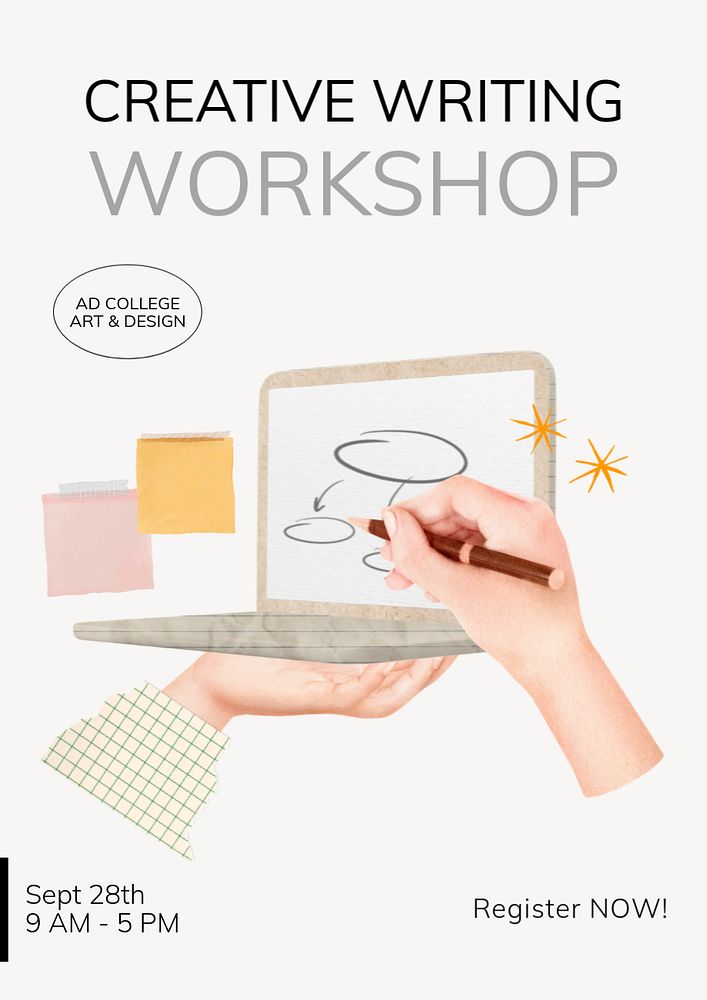 Creative writing workshop  poster template, editable text and design