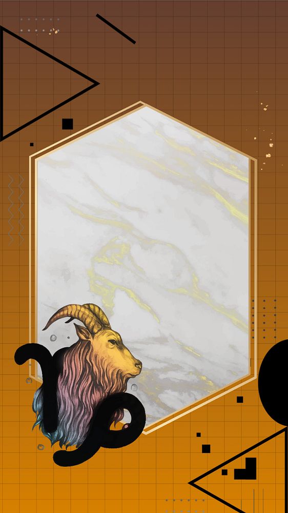 Capricorn goat zodiac iPhone wallpaper, editable  marble hexagon frame